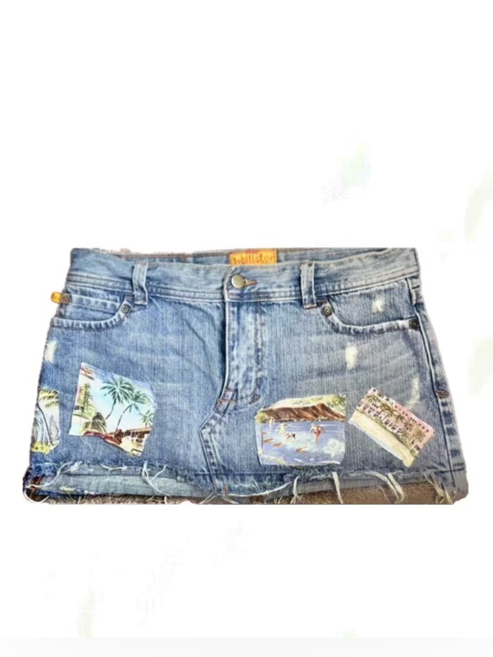 Y2K Light Blue Denim Mini Skirt Upcycled with Hawaiian/ Waikiki Patches
